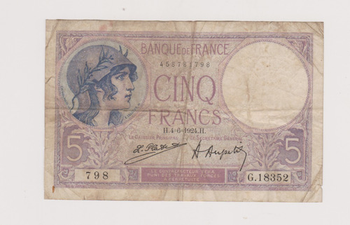 Billete De Francia 5 Francos Año 1924 Bueno -