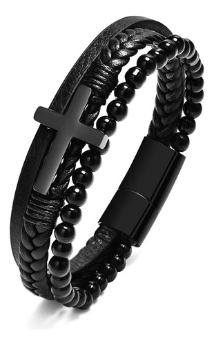 Brazalete Trenzado De Cuero Con Cruz Tempbeau Para Hombre - 