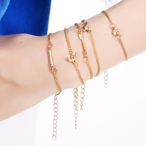 Kit 5 Pulseira Tribal Lua Estrela Flecha Luxo Strass Cristal