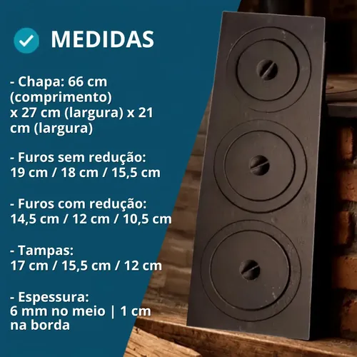 Chapa De Fogão A Lenha 3 Furos Completa Caipira 66x27x21 Cor Preto