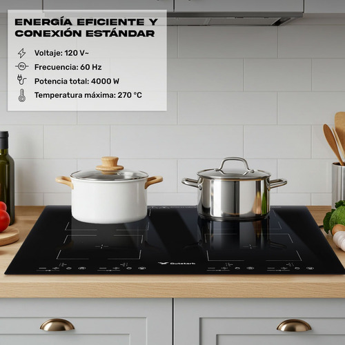 Parrilla Induccion Electrica Empotrable 4 Zonas 4000w Tactil Color Negro