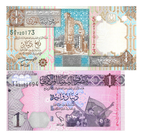 Libia Billetes De 1 Dinar Pick 76 Y 1/4 Dinar P62 - Sin Circ