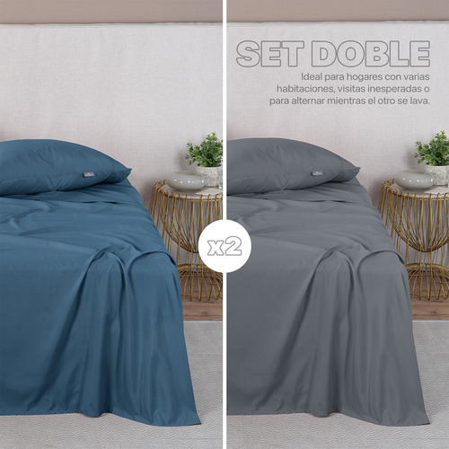Paquete 2 Juegos De Sábanas Individual Real Textil, Microfibra Hipoalergénica Y Fresca, Azul y Gris Oscuro