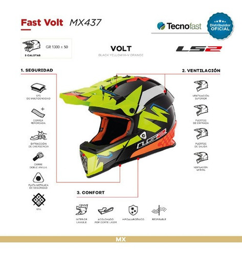 Imagen 2 de 10 de Cascos Motocross Mx Ls2 437 Fast Volt Negro Naranja Amaril