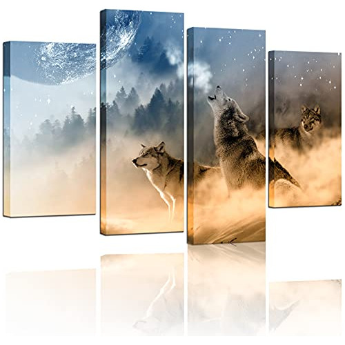 4 Piece Animal Wall Art Painting Wolf Howling To The Mo...