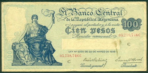 Argentina Billete Progreso 100 Pesos (1937) C# 436b Exc- 