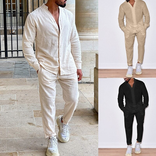 J Conjunto De Traje De Lino Para Hombre, Camisa De Manga