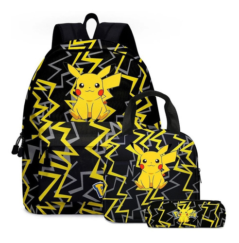 Mochila Estudantil Para Pokemon Pikachu Lancheira 3pcs