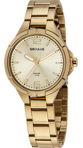 Relógio Seculus Feminino Long Life Dourado Cor Da Correia Dourado Cor Do Bisel Dourado Cor Do Fundo Prateado