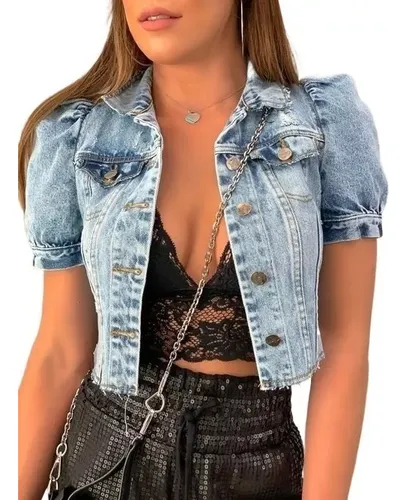 Jaqueta Curta Jeans Azul Feminina Com Mangas Curtas De Ver o