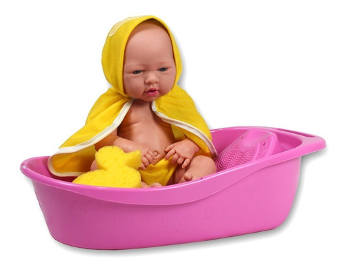 Boneca Ninos Baby Banho Com Banheira Toalha E Esponja Bebe