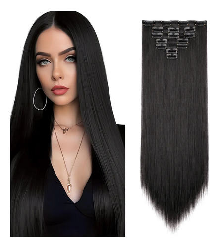 Extensiones De Cabello Con Clip, 7 Piezas, Cabeza Completa, Negro Natural