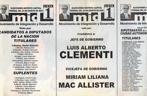 Boleta Electoral  Mid   -     Luis Alberto Clementi     2003