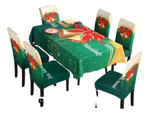 Set Completo Mantel Navidad Rectangular 6 Fundas De Sillas D