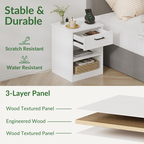 Mesa Auxiliar Blanca Con Carga Rápida Y Cajón Para Dormitori