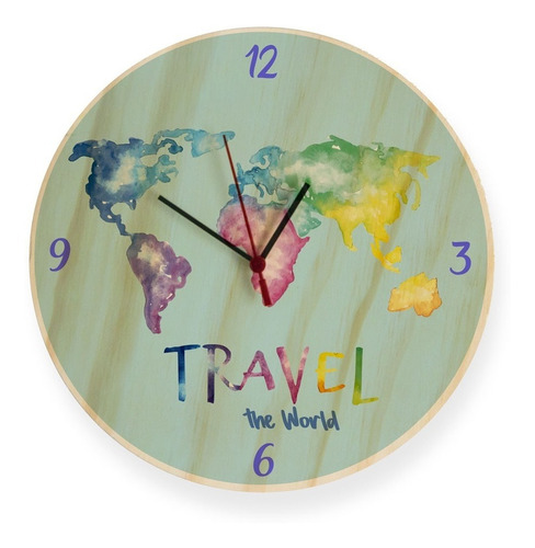 Reloj De Pared En Madera Viajes Travel En Acuarela Mapamundi