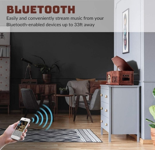Tocadiscos Clásico De Madera 10 En 1 Conexión Bluetooth