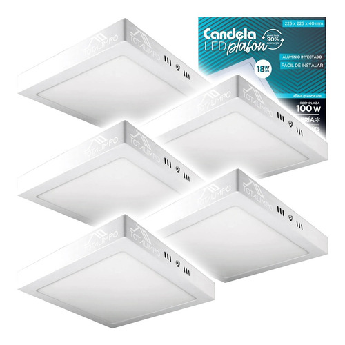 5 Plafones Led Cuadrados Base 18w Luz Fría Candela 6839