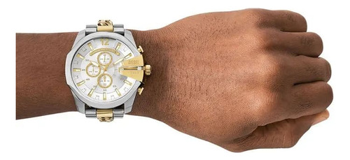 Relógio Diesel Masculino Mega Chief White Dial Dz4672b1.s2sk Correia Prateado Bisel Prateado Fundo Prateado