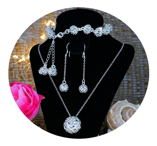 Set Collar Pulsera Aretes Esfera Plata Elegantes Joyas Finas