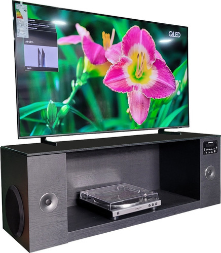 Mueble De Tv Modular Madera Con Sistema Parlantes Bluetooth Color Negro