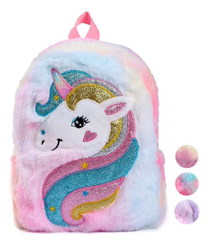 Mochila De Peluche Brillante Modelo Unicornio 32 X 25cm Color Rosa Claro