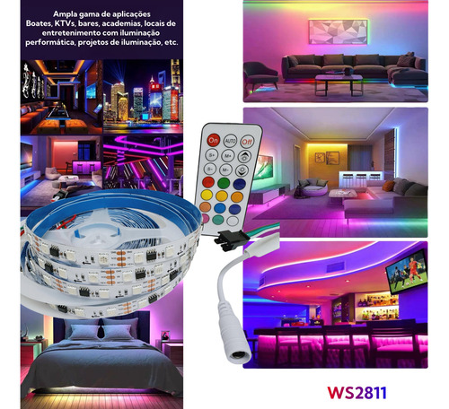 Fita Led Ws2811 5m 12v Branca Ip20 3 Vias + Controladora Rgb