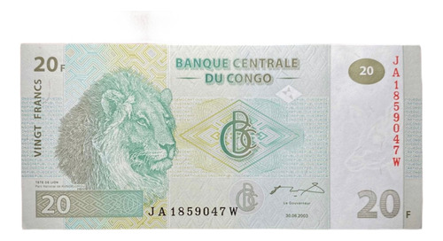 Billete 20 Francos Congo 2003 Sin Circular Pick 94 A Leon