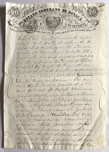 Estado De Boyacá 20 Centavos Papel Sellado Antiguo 1883 1884