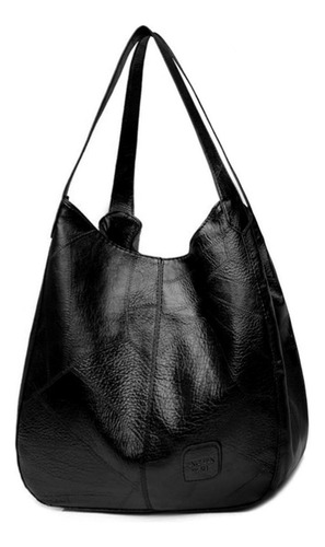 Bolsa Hombro Cuero Suave Gran Capacidad Damas Bolsa Mensajer Color Negro Correa De Hombro Negro Diseño De La Tela Lisa