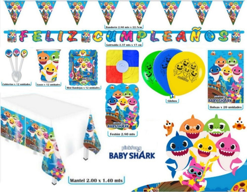 Kit Infantil Decoración Fiesta - Baby Shark X20 Invitados