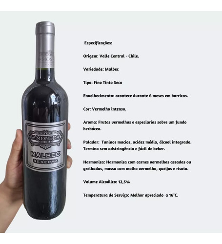 Vinho Malbec Reserva Chileno La Moneda 750ml 12,5%