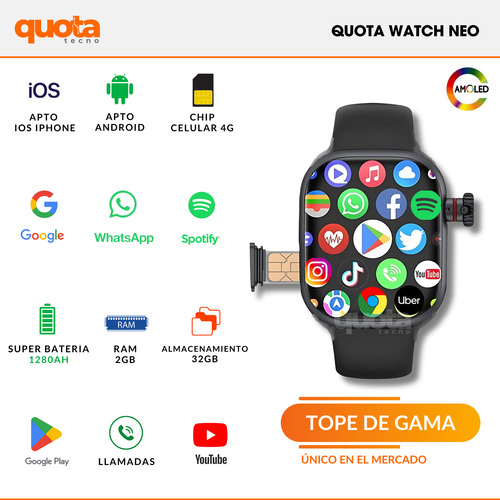 Reloj Inteligente Neo Videollamadas Whatsapp Chip Camara Gps Negro