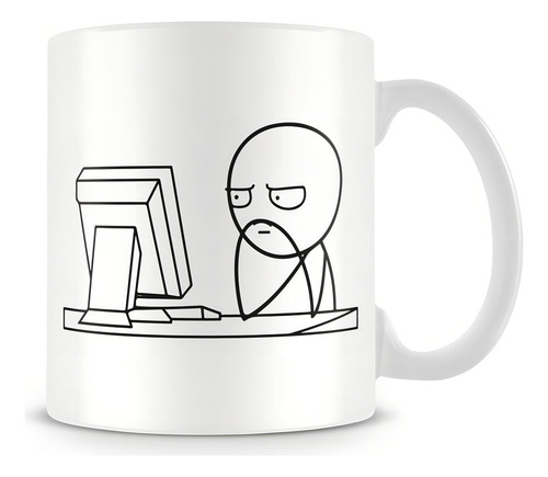 Taza con forma de meme pensativa en el ordenador
