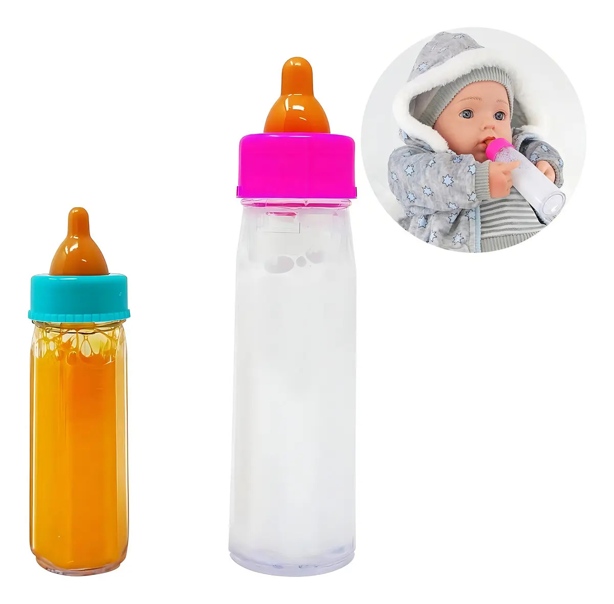 Kit 2 Mamadeira Mágica Leite E Suco Boneca Brinquedo Castela