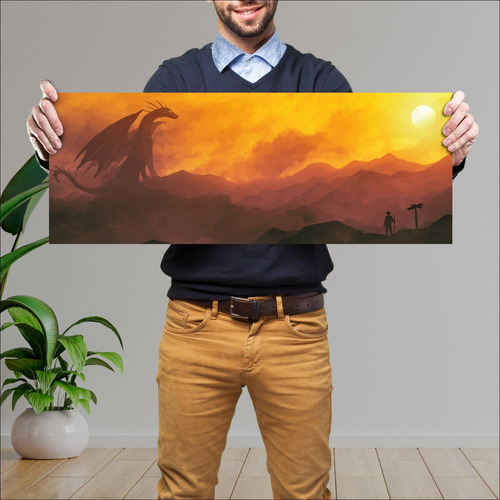 Cuadro Grande 30x80 Cm Arte Digital Dragon Atardecer