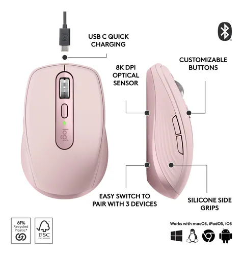 Ratón Inalámbrico Logitech Mx Anywhere 3s 8k Dpi - Rosa