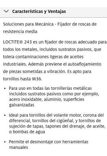 Imagen 2 de 2 de Trabarosca Loctite 243 Azul Resistencia Media 50ml Usa