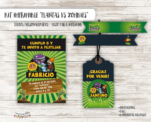 Kit Imprimible Plantas Vs. Zombies  - Textos Personalizados