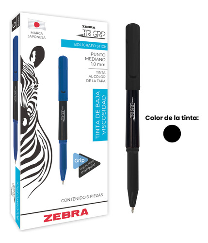 Zebra Bolígrafo Tri-grip Triangular Punto 1,0mm Caja 6 Pzs. Negro Negro