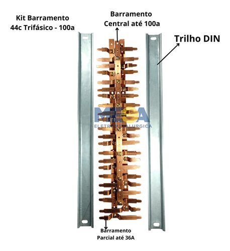Kit Barramento Completo Trifásico 100a P/44 Circuitos Din Cor Cobre