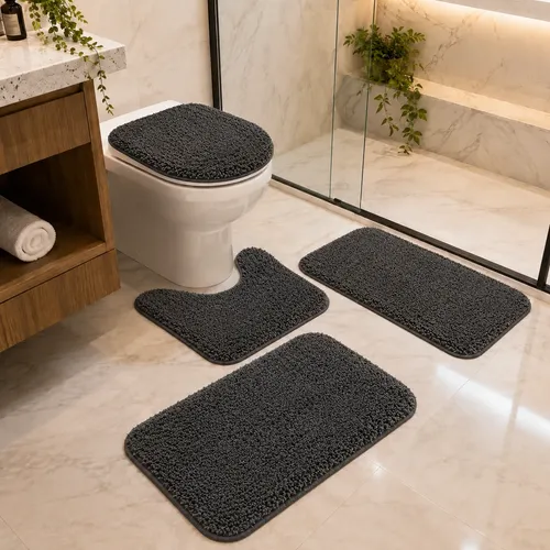 Conjunto Banheiro 4 Peças Tapete Preto Jogo Banheiro Oferta! - R$ 37,96