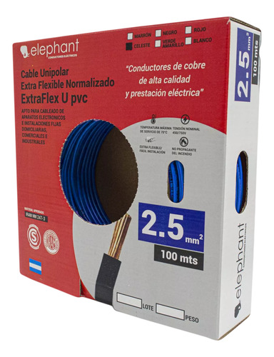 Cable Unipolar 2,50mm Pvc Rojo Elephant X100mts