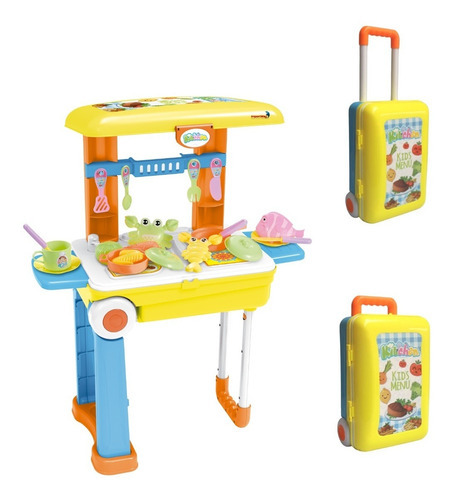 Kit Cozinha Vira Maleta Infantil 3x1 C/ Rodinha Mini Chef Cor Amarelo