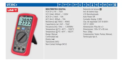Tester Multímetro Digital Uni-t Ut39c+ Lcd Ncv Temperatura
