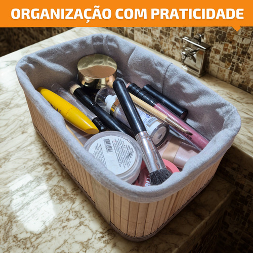 Kit 3 Cestos Caixa Organizador Bambu Tecido Multiuso Forro