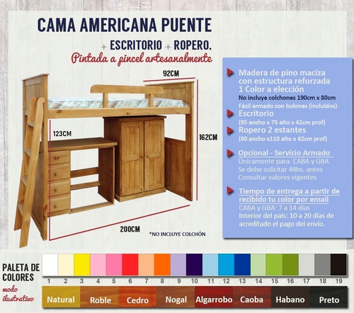 Imagen 2 de 3 de Cama Puente Americana 80 + Escritorio + Ropero Envío Bonif*