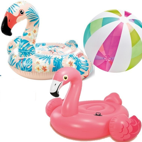 2 Flamingos Salvavidas Y Pelota Gdes Intex Inflables Alberca