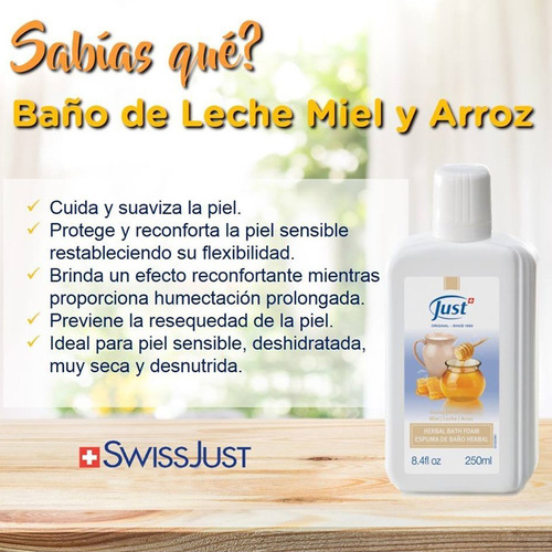 Imagen 5 de 6 de Baño De Espuma Herbal Miel Leche Y Arroz 250ml Swiss Just