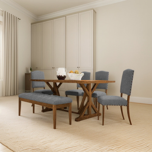 Mueble Comedor Gravity Lino Gris 1 Mesa + 4 Sillas+1 Banca